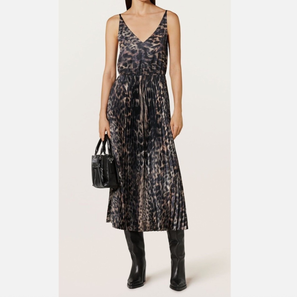AllSaints Jinx Pleated Animal Print Midi Dress Small